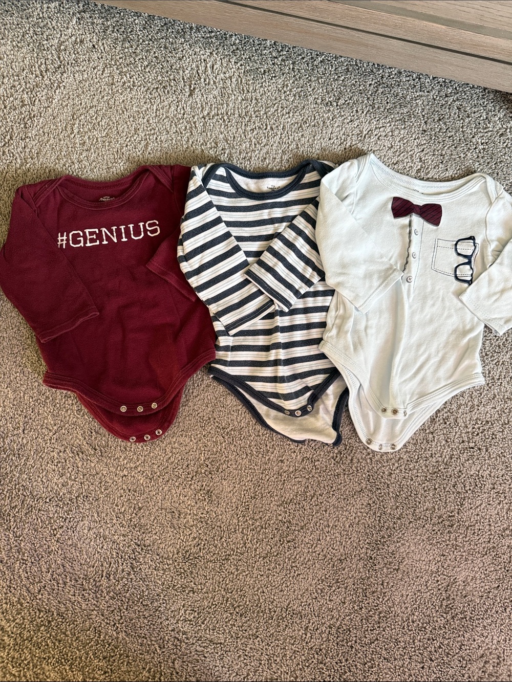 3-Pack Long-Sleeve Bodysuits - Maroon, Navy Stripe, Ivory